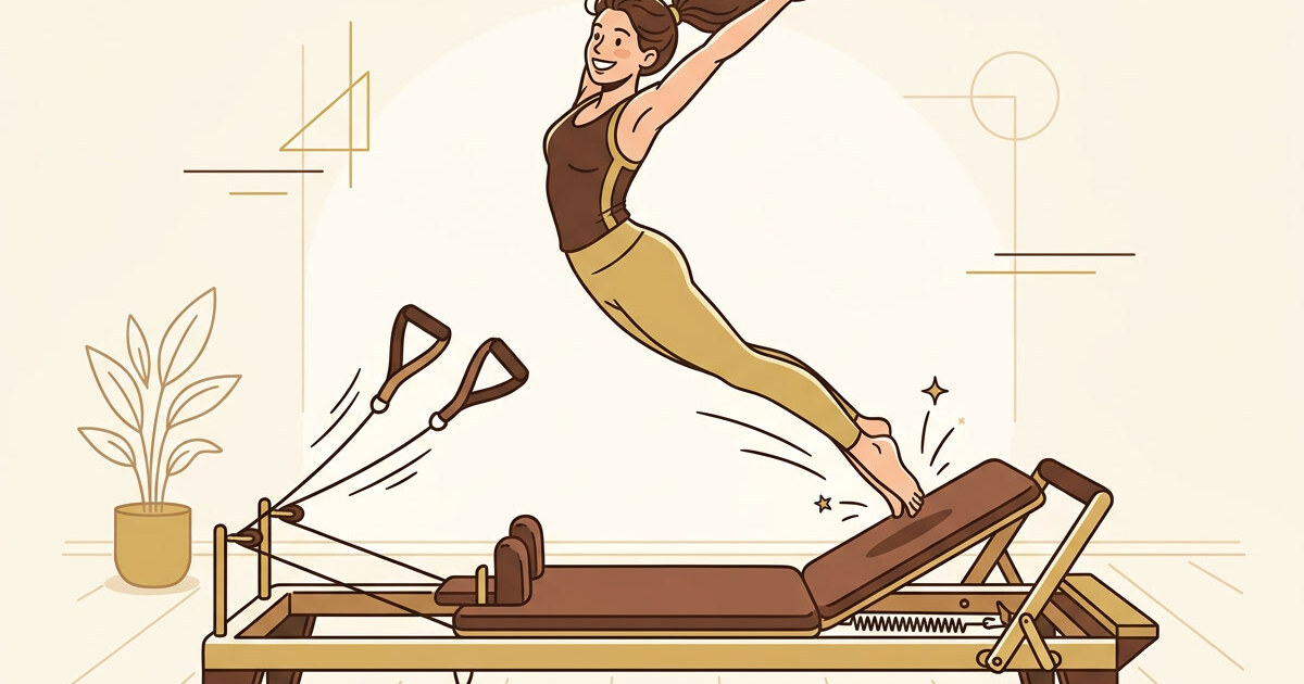 Illustration of a person on a pilates reformer jumping board mid-jump, warm brown and gold palette.