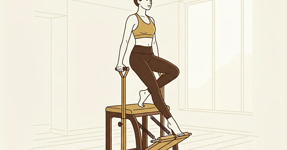 Illustration of a person on a pilates Wunda chair in a controlled balance stance, warm brown and gold palette.