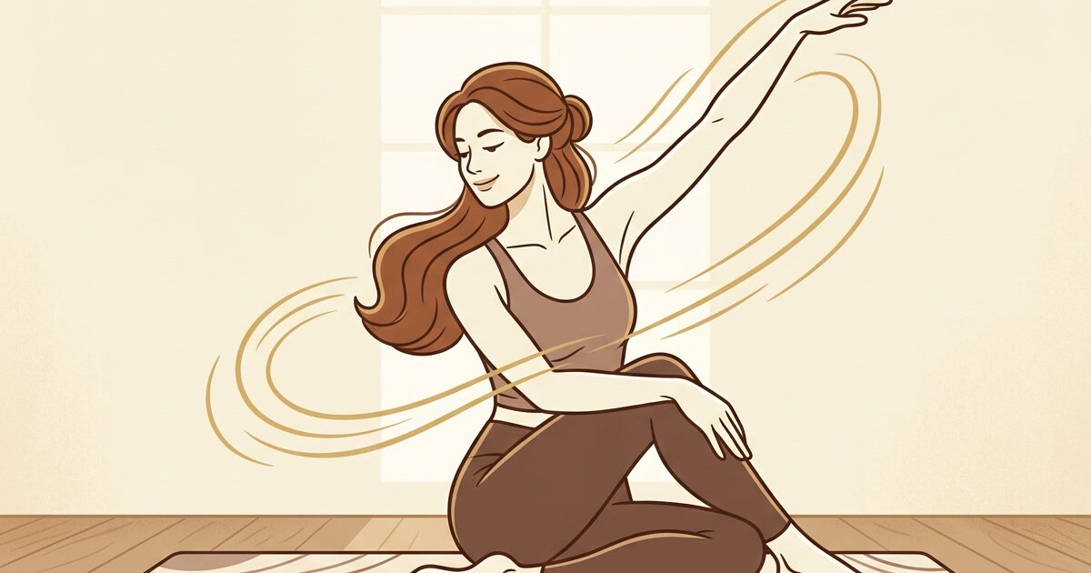 Illustration of a person in a flowing pilates spine twist with motion lines, warm brown and gold palette.