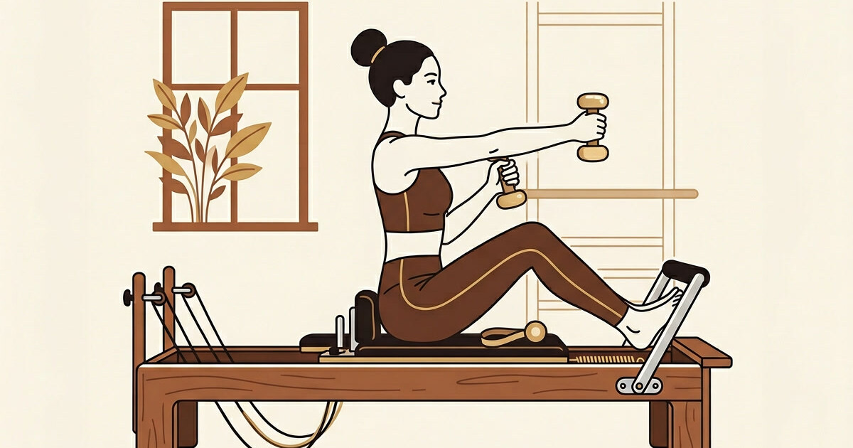 Illustration of a person on a pilates reformer holding hand weights in a controlled strength pose, warm brown and gold palette.