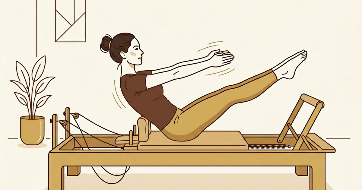Illustration of a person performing the classic pilates Hundred on a reformer, warm brown and gold palette.