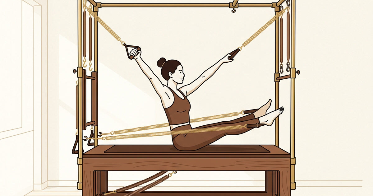 Illustration of a person on a pilates tower wall unit with springs attached to arms, warm brown and gold palette.