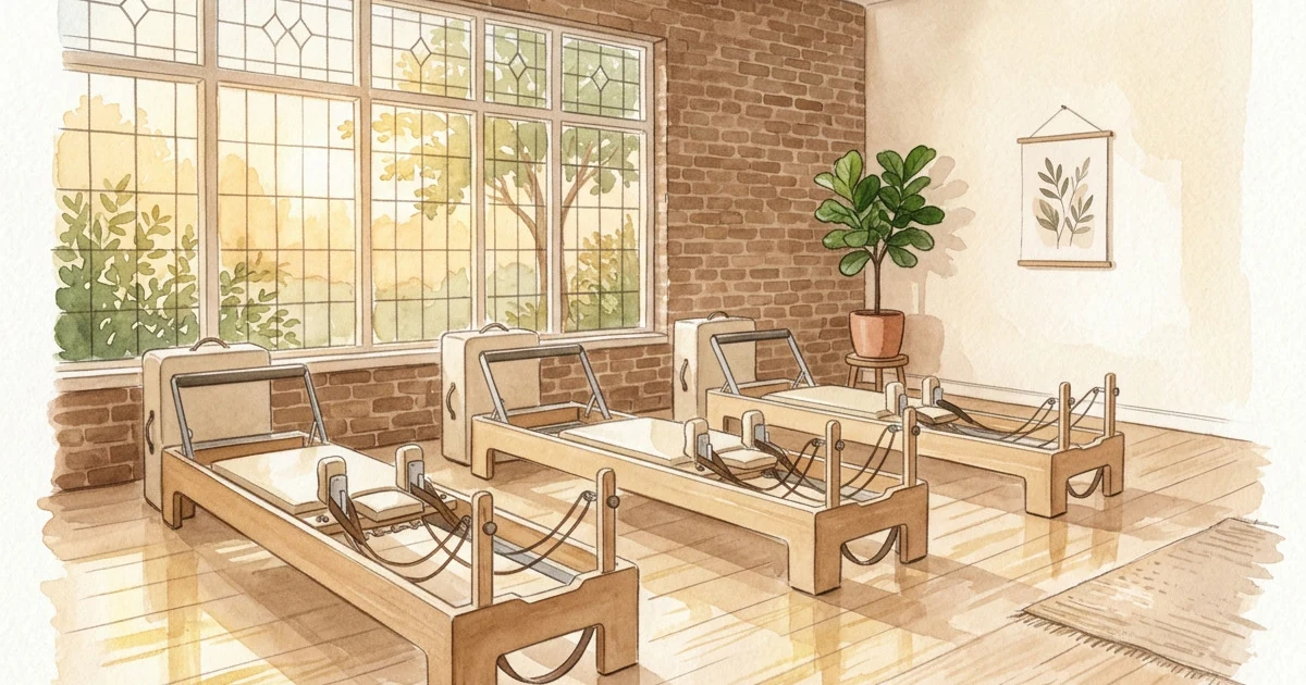 Watercolor illustration of Momentum Pilates Studio interior — Reformer machines in warm brown and gold light